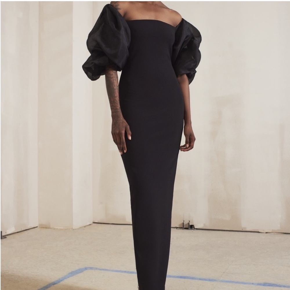 Gorgeous Solace London Black Off-Shoulder silk chiffon puff sleeve gown